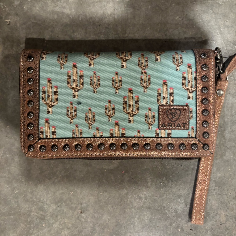 Ariat Cactus Pattern Wristlet in Brown and Teal - Picture 2 of 3